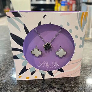 Lily Sky Karma Necklace & Earring Set - Silver Tone Elephant Jewelry